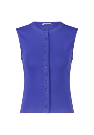 Mouwloze blauwe geribde gebreide top met een ronde hals en een rij kleine bijpassende knoopjes aan de voorkant van de hals tot aan de zoom.