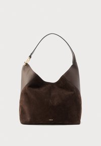 Donkerbruine suède- en leren hobo-tas met een enkele riem en goudkleurige metalen details.