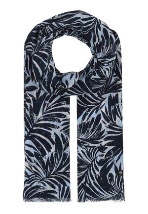 Langer rechteckiger Schal mit dunkelblauem und hellblauem tropischem Blattmuster, fransigen Kanten und einem kleinen schwarzen Markenzeichen.