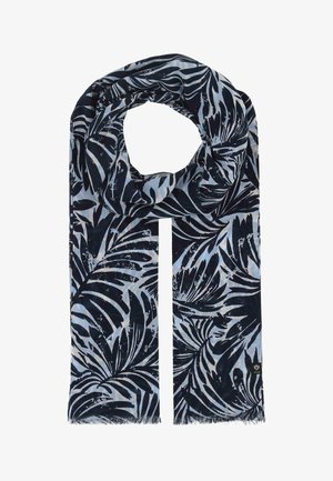 Lang, rektangulært tørklæde med navyblåt og lyseblåt tropisk bladermønster, frynsete kanter og en lille sort mærkeetiket.