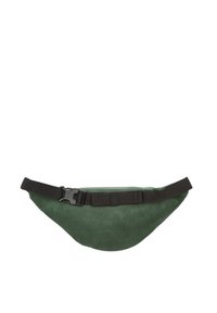 Grüner Cordura-Hüfttasche mit kurviger Form, verstellbarem schwarzen Riemen und Kunststoffschnallenverschluss. Glatte Textur mit vertikaler Rippung.