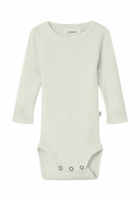 Bodysuit à manches longues en rib dans un gris clair, avec un col rond et des boutons-pression en bas. Tissu doux et texturé.