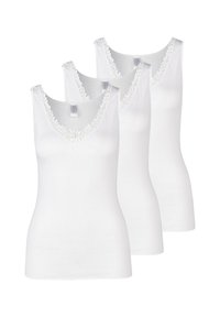 Three white sleeveless women's tops with lace-trimmed V-necks, arranged overlapping against a plain background.
