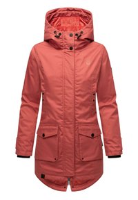Pink waterproof parka with a hood, featuring a zippered front, two snap-button pockets, and black accents on cuffs and interior lining.