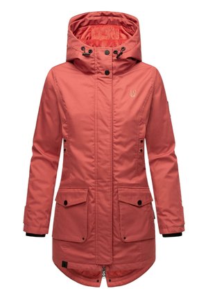Rosa wasserdichte Parka mit Kapuze, ausgestattet mit einem Reißverschluss vorne, zwei Druckknopf-Taschen und schwarzen Akzenten an den Bündchen und dem Innenfutter.