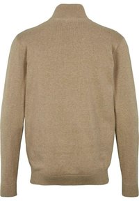 Pull beige à manches longues avec col haut, poignets et ourlet côtelés, vu de dos sur un fond blanc.
