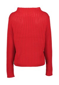Maglione rosso lavorato a maglia con texture a coste, scollo off-shoulder e maniche lunghe con vestibilità ampia. Decorato con motivi a punto aperto.