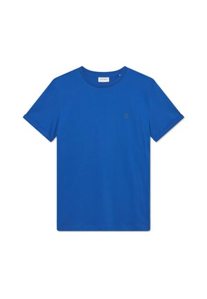 Blauwe katoenen T-shirt met korte mouwen en een ronde hals. Voorzien van een klein gouden "II" logo op het linkerbovenstuk. Gladde textuur.