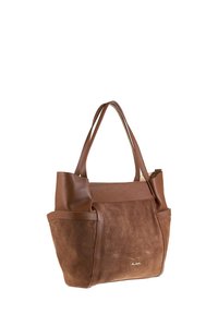 Bruine tote bag van een mix van glad leer en suede, met een ruime vorm, twee lange handvatten en zijvakken voor extra opbergruimte.
