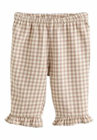 Brązowe i kremowe spodnie w kratę gingham z elastycznym paskiem w talii oraz falbaniastym brzegiem u mankietów, wykonane z miękkiego materiału.