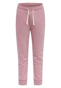 Pantalons de survêtement roses en mélange de coton doux. Dotés d'une taille élastique avec cordons de serrage blancs et des poignets côtelés. Comprend un petit détail de logo.