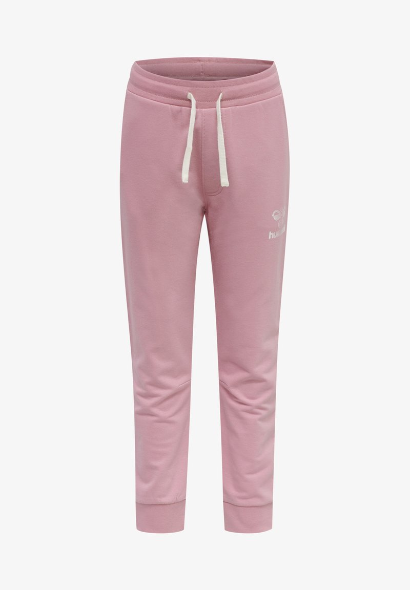 Rosa Sweatpants aus weichem Baumwollgemisch. Verfügt über einen elastischen Bund mit weißen Kordeln und gerippten Bündchen. Enthält ein kleines Logo-Detail.