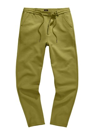 Pantalones jogger ajustados de color verde oliva con cinturilla elástica, cordón, bragueta con cremallera, cierre de presión y bolsillos laterales sobre fondo blanco.