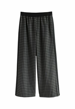 Black and gray checkered wide-leg pants with an elastic waistband and solid black side stripes.