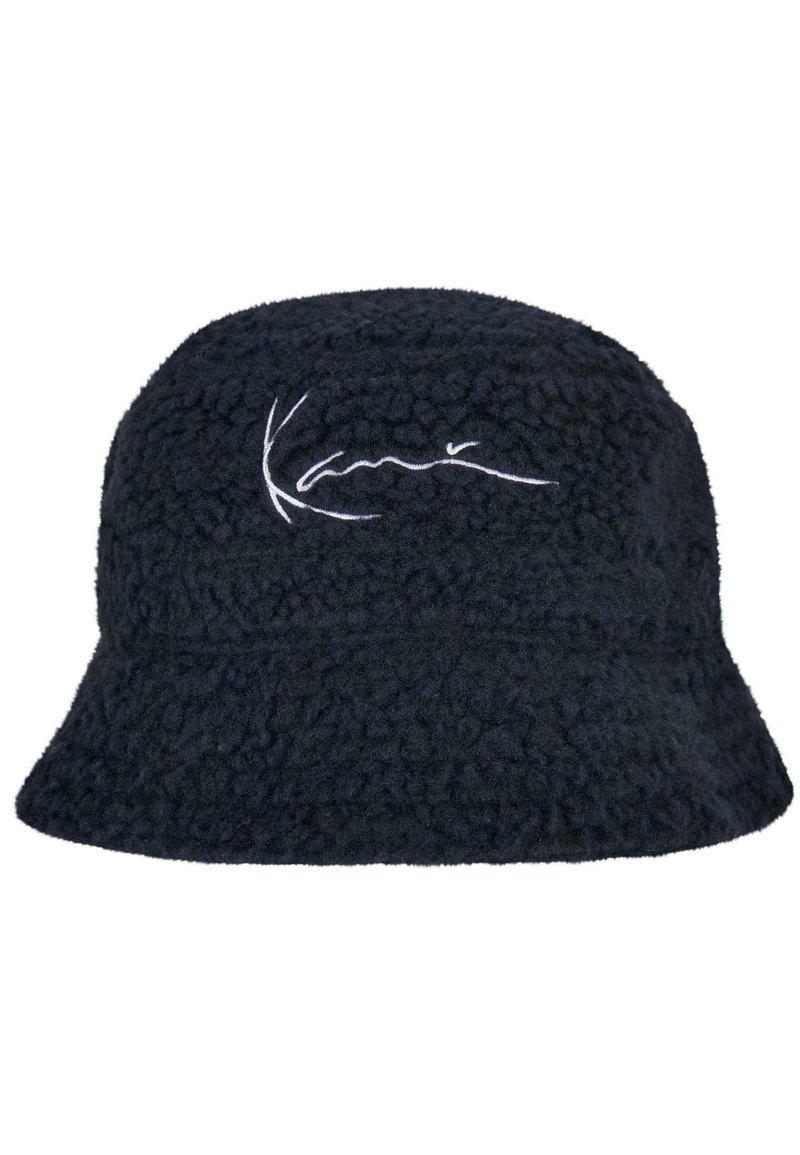 Mørkeblå fleece-buckethat med blød tekstur, bred skygge og et broderet hvidt logo på forsiden.