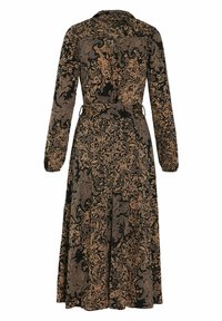 Robe midi à manches longues avec un motif floral noir et marron, taille ceinturée et col à revers, vue de dos.