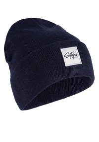 Navy blue knit beanie with a folded cuff and a white rectangular patch featuring a black logo. Soft texture, fitted shape for warmth.