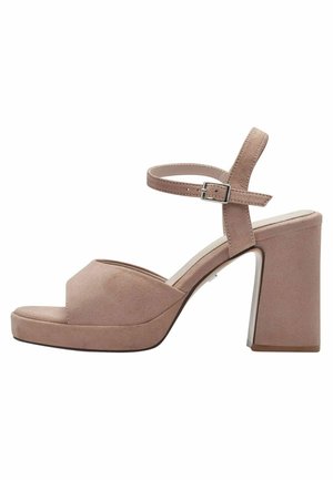 Sandali platform in rosa tenue con texture scamosciata, design con punta scoperta, cinturino alla caviglia regolabile e tacco spesso.