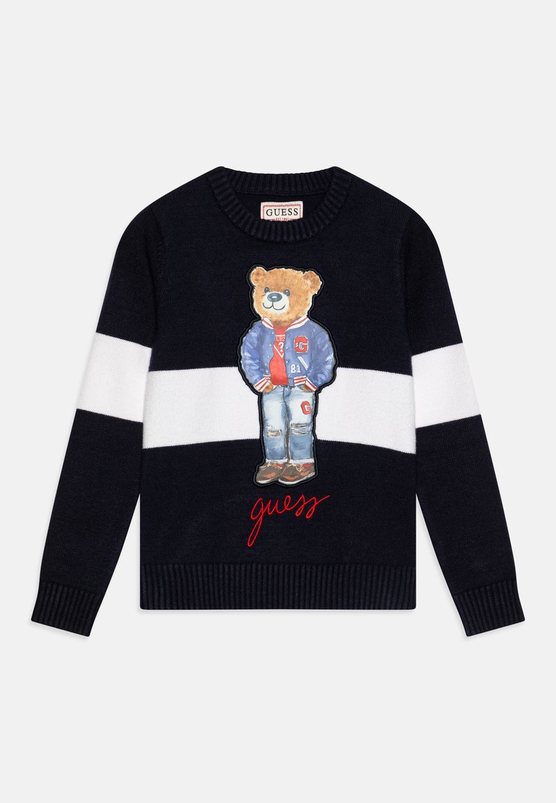 Der marineblaue Pullover hat weiße Streifen, gerippte Bündchen und eine Vorderseite mit einem Bären-Graphic in einer Jacke mit roten Akzenten und gesticktem Logo.