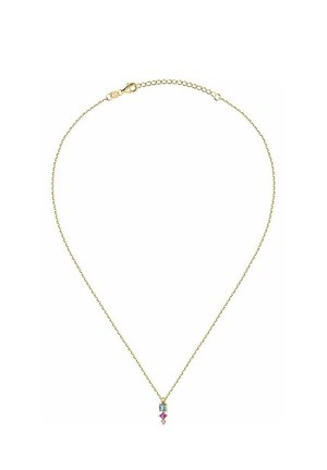 Halskette mit goldfarbener Kette und einem zentralen Anhänger, der einen rechteckigen blauen Stein, darunter einen pinken Stein und an der Spitze einen kleinen klaren Akzent zeigt.