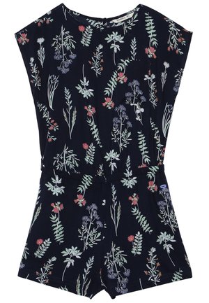 Combinaison courte bleu marine à manches courtes avec taille élastique et imprimé floral multicolore rouge, vert et blanc.