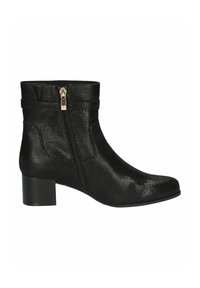 Botine negre până la gleznă cu un finisaj texturat, având un fermoar lateral și un toc bloc. Designul include un accent neted aproape de vârf.