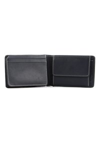 Cartera de cuero negra con múltiples ranuras para tarjetas, un bolsillo para monedas y costuras en contraste. Diseño compacto con una textura suave.
