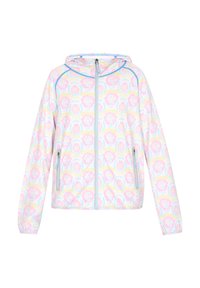 Giacca a cappuccio colorata con un motivo floreale in rosa, giallo e blu. Realizzata in tessuto morbido, con zip frontale e tasche laterali.