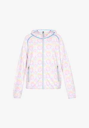 Színes kapucnis dzseki virágmintával, rózsaszín, sárga és kék színekben. Puha anyagból készült, elöl cipzárral és oldalsó zsebekkel.