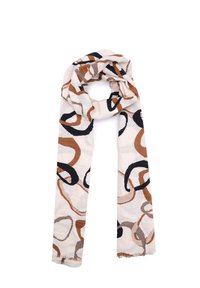 Sciarpa leggera con base crema e motivi astratti in marrone, nero e taupe. I bordi presentano una finitura leggermente sfilacciata.