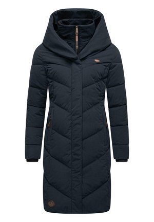 Navy padded coat with a wide hood, chevron pattern stitching, side pockets, and brown accents on the zipper and logo detail.