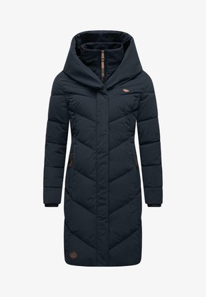 Cappotto imbottito blu marina con ampio cappuccio, cuciture a motivi a zigzag, tasche laterali e dettagli marroni sulla cerniera e sul logo.