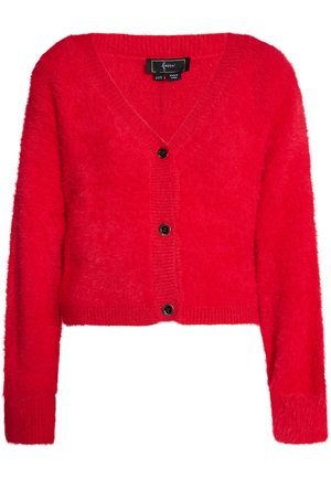 Rød, kort cardigan med en fuzzy tekstur, V-udskæring og ribbede manchetter. Har fem sorte knapper og et blødt, varmt udseende.