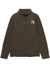 Hnedý, štruktúrovaný pulóver s vysokým golierom. Má polovičný zips, malú náprsní kapsu a nášivku s logom. Voľný strih a dlhé rukávy.