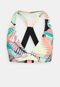 Multicolor bikini top featuring tropical leaf patterns, a triangular shape, and crossover black straps. Made from stretchy, textured fabric.
