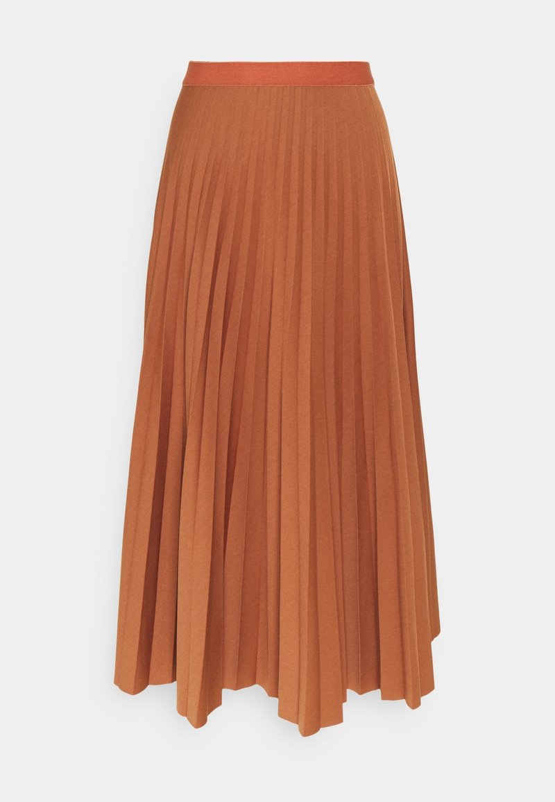 Jupe midi plissée couleur rouille avec taille ajustée et silhouette fluide en ligne A sur fond blanc uni.