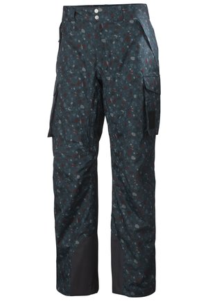 Pantalones cargo con una base azul oscura, que presentan un patrón moteado en gris, rojo y beige. Incluyen múltiples bolsillos y una textura duradera.