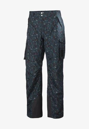 Cargo pants with a dark blue base, featuring a speckled pattern in gray, red, and beige. Includes multiple pockets and a durable texture.