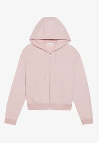 Veste à zip rose avec une capuche à cordon, poche kangourou, poignets et ourlet côtelés. Fabriquée en tissu doux avec une texture lisse.