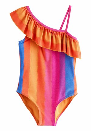 Tüdrukute ühe õlaga ujumisriided volangidega, millel on vertikaalsed triibud oranži, roosa, lilla ja sinise toonides.