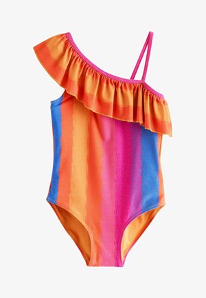 Costume da bagno monospalla per bambine con dettagli a volant, caratterizzato da righe verticali nelle tonalità di arancione, rosa, viola e blu.