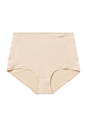 Sømløs beige dameundertøj med høj talje, fuld dækning og glat stof, vist fladt på en hvid baggrund.