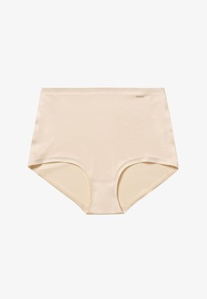 Nahtlose, beige Damenunterwäsche mit hoher Taille, voller Abdeckung und glattem Stoff, flach auf weißem Hintergrund dargestellt.
