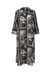 Schwarz-weiß gemustertes Kleid mit lockerer Passform, langen Ärmeln und Knopfleiste. Verziert mit einem dekorativen Blätterdesign und vertikalen Streifen.