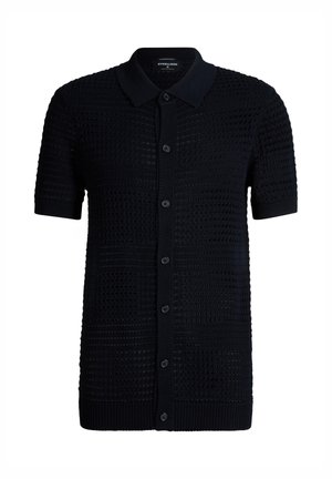 Schwarzes Strick-Poloshirt mit kurzen Ärmeln, durchgehender Knopfleiste und strukturiertem Waffelmuster, mit einfarbigem Kragen und Bündchen.