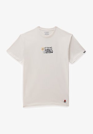 T-shirt Vans beige avec le texte « off the wall VANS », un motif de fleur jaune près du logo et un petit motif de fleur rouge près de l'ourlet inférieur.