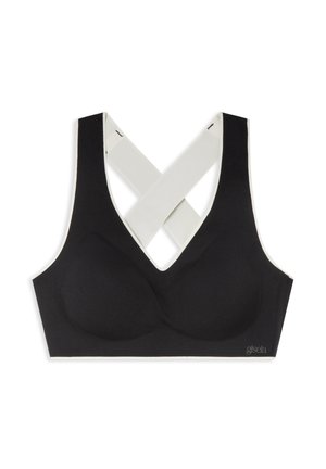 Soutien-gorge noir avec un décolleté en V profond et des bretelles croisées blanches. Matière lisse avec des coussinets et un détail de logo sur le côté.