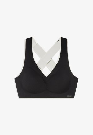 Soutien-gorge noir avec un décolleté en V profond et des bretelles croisées blanches. Matière lisse avec des coussinets et un détail de logo sur le côté.