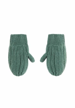 Mitaine tricotée dans une douce couleur verte. Comprend des poignets côtelés, une forme arrondie et une section de pouce séparée. Détails en fil texturé.