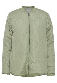 pikowana kurtka bomberka w jasnozielonym kolorze, posiada gładką nylonową powłokę, przedni zamek błyskawiczny oraz boczne kieszenie z elastycznymi mankietami.